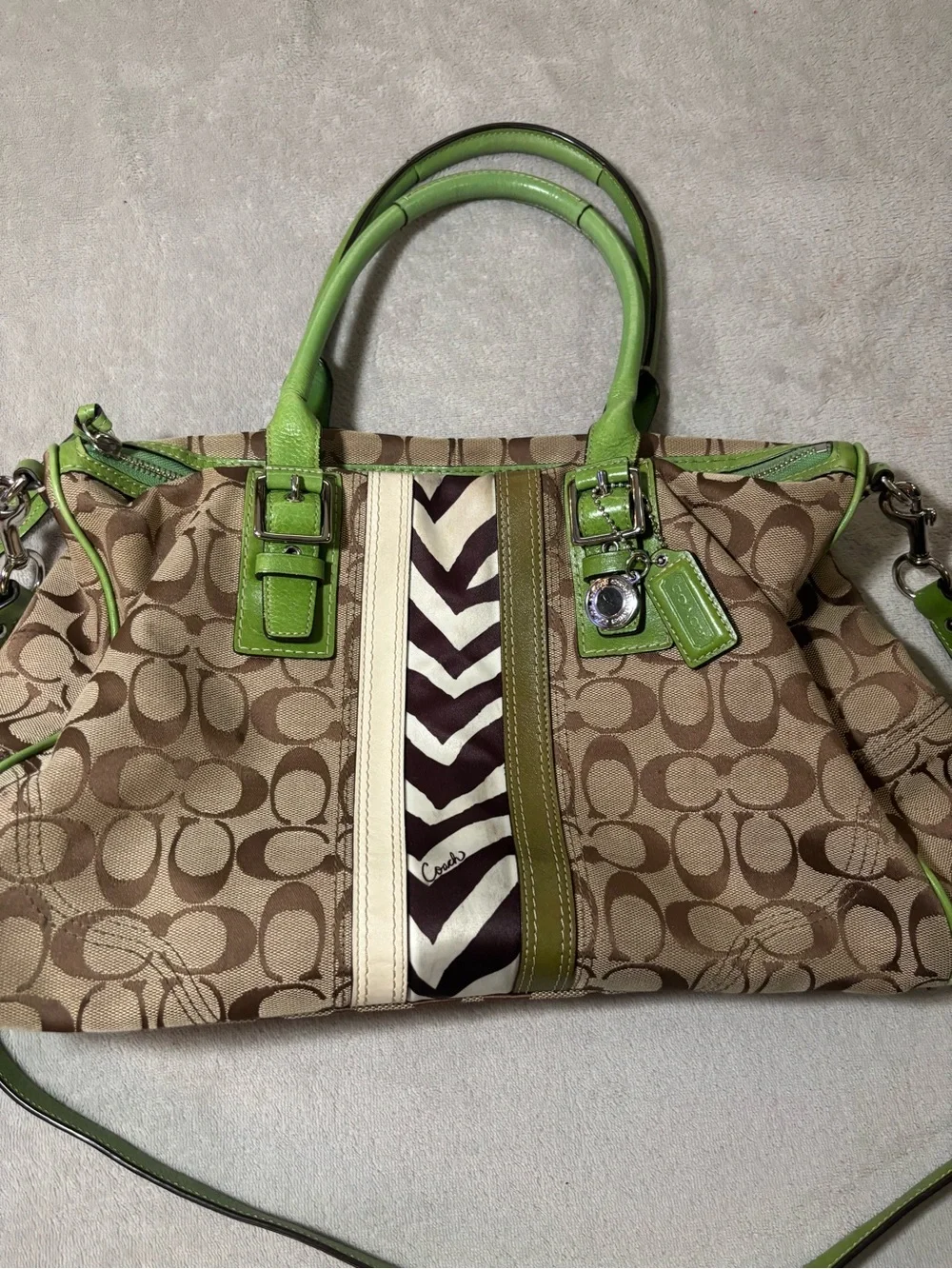 Rare Vintage Coach Hampton Nancy Signature Zebra Stripe Satchel Green Handbag